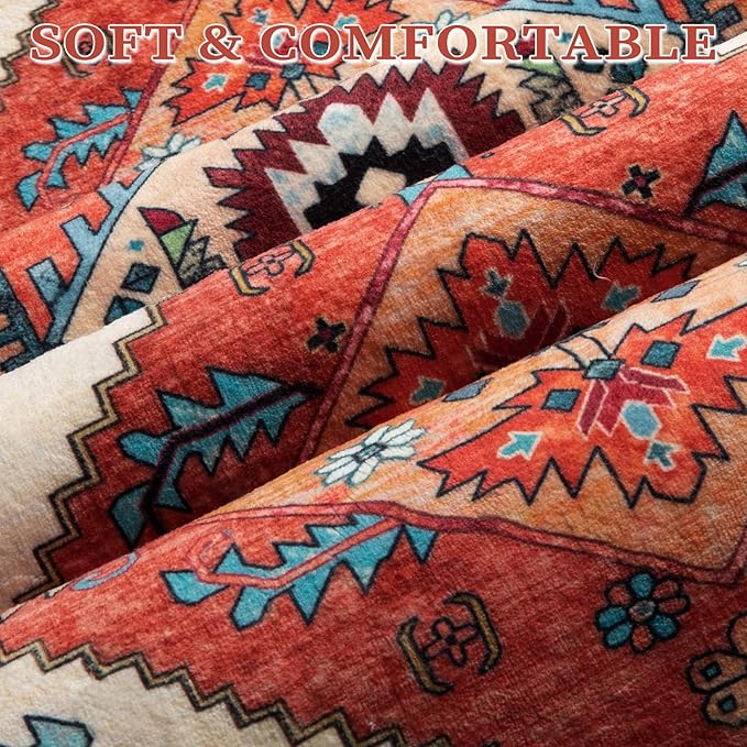 SERISSA Washable Rugs 9x12 Area Rugs, Large Non-Slip Boho Living Room Rug, Ultra Soft Vintage Orange Print Distressed Oriental Farmhouse Carpet for Dining Room Bedroom Dorm Office Home Decor