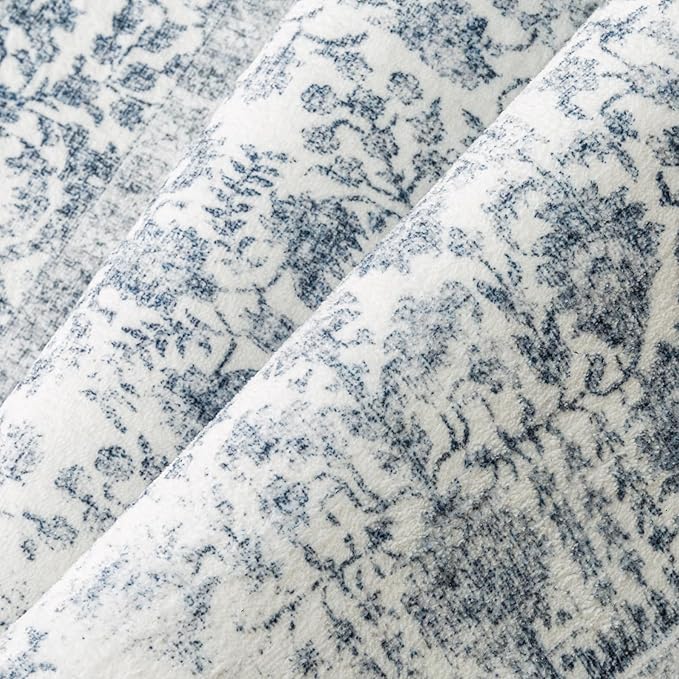 Navy Blue Area Rug 8x10 Machine Washable Large Vintage Living Room Distressed Non Slip Carpet Traditional Indoor Bedroom Retro Floral Accent Throw Rug for Office Kitchen Dining Room
