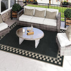 OJIA Easy Jute Area Rug 8x10, Large Outdoor Patio Rugs Washable Rugs for Living Room Checkered Border Farmhouse Indoor Outdoor Carpet Modern Non-Slip Black Rug for Bedroom Backyard Office Decor