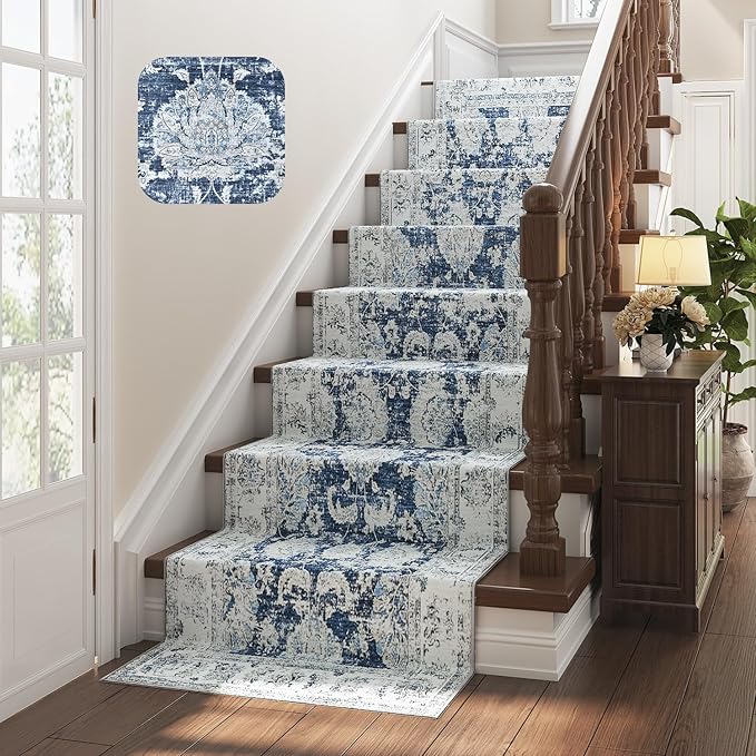 jinchan Fiora Hallway Runner Rug 3x8 Machine Washable Runner Rug Dark Blue Vintage Floral Design Non-Slip Low Pile Ultra-Thin for Kitchen Laundry Room Bedroom Farmhouse (3‘x8', Dark Blue)