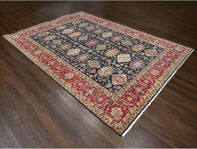 Carbon Black with Turkey Red Karjihooz Design with All Over Pattern Vegetable Dyes Pure Wool Soft Pile Hand Knotted Oriental Rug (9'x12')