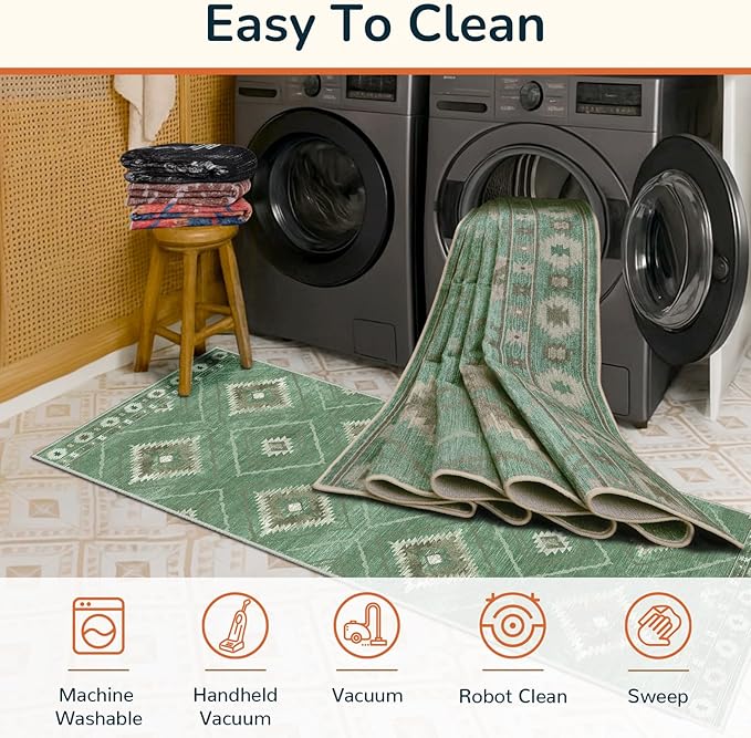Area Rug 5x7 Rug Machine Washable Rug Non-Slip Low Pile Print Pattern Western Rug for Living Room Bedroom Entryway Tribal Series -Sage