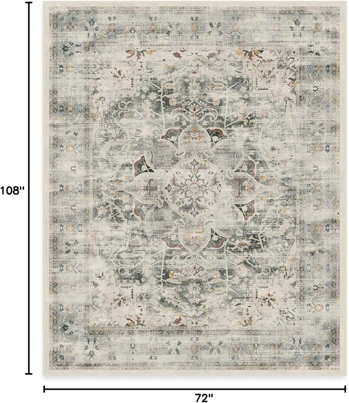RUGGABLE Washable Vintage Area Rug – Sarrah Sage 6x9, Stain-Resistant, Non-Slip – Medium Machine Washable Rugs for Living Room, Bedroom, Hallway, Entryway & Office–with Standard Pad