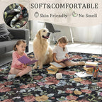 4ft Round Machine Washable Area Rug for Living Room, Black Vintage Boho Floral Rug Large Non-Slip Low Pile Soft Faux Wool Carpet, Kids and Pets Friendly for Bedroom Nursery Farmhouse Home Decor Rug