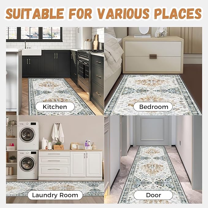 Boho Mandala Pattern 2x8ft Runner Rug Non Slip Washable Kitchen Runner Rug with Rubber Backing，Low-Pile Soft Washable Runner Rugs for Hallway Entryway Kitchen Bedroom Living Room Bathroom