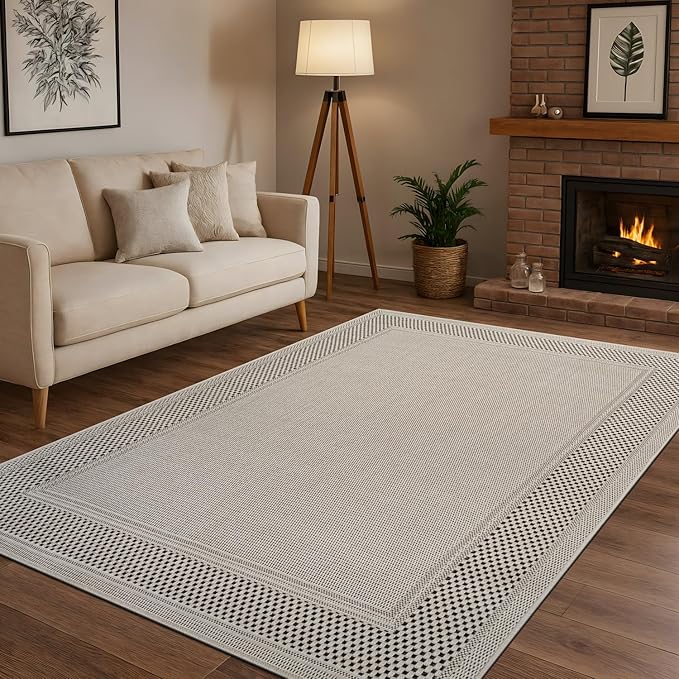 CAMILSON Easy Jute Rug 9x12, Indoor Outdoor Off-White Color Fiber Area Rugs for Living Room Patio and Dining Room Rug, Bordered Boho Woven Design, Easy-Cleaning, Washable Outside Carpet (9 x 12)