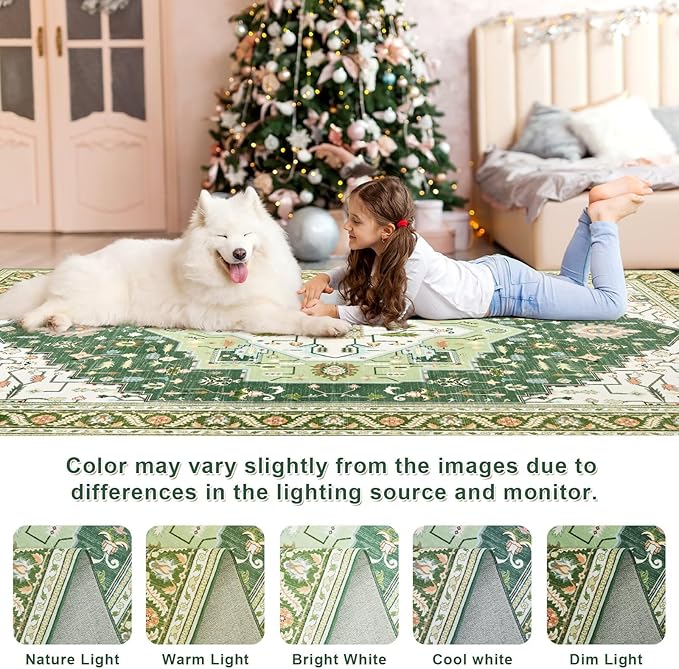 3x5 Green White Area Rug for Living Room, Machine Washable Rugs with Non-Slip Backing for Bedroom, Vintage Medallion Carpet Kitchen Laundry Kids Room Decor