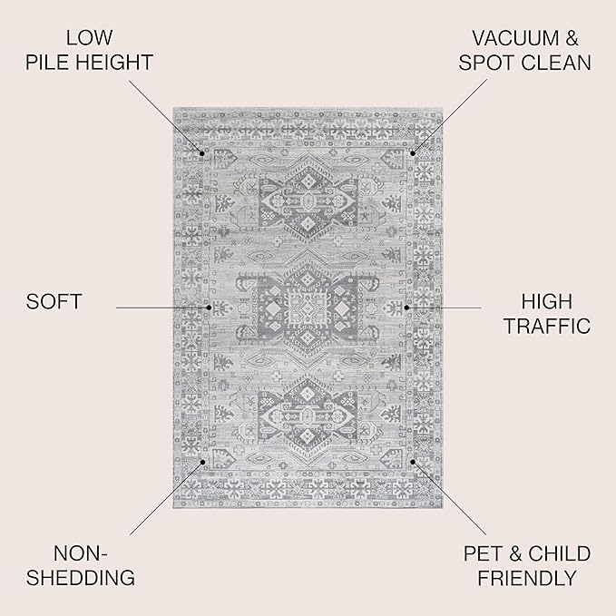 JONATHAN Y Modern Vintage Medallion Light Grey 6x6 Square Indoor Area Rug, Country, Floral, Easy-Cleaning for Living Room, Bedroom, Kitchen, Pet Friendly, Non-Shedding (MDP108B-6SQ)