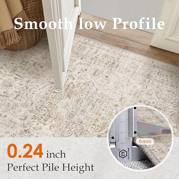 12x15 Beige Area Rug Vintage Living Room Bedroom Washable Carpet Non-Slip Soft Low Pile Distressed Indoor Large Throw Rug for Dining Room Office