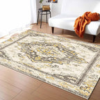 Bohemian Pattern Rectangular Area Rugs for Living Room Bedroom 5 x 6.9 ft Brown & Yellow Abstract Non-Shedding Soft Low Pile Rug Non Slip Washable Rug for Nursery Entryway Playroom
