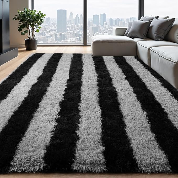 Zentavio Area Rugs for Living Room Large Rugs for Bedroom 5x8 Carpet Fluffy Fuzzy Soft Shag Aesthetic Plush High Pile Gray Throw Rug for Nursery Kids Room Dorm Horizontal Stripes Black Grey