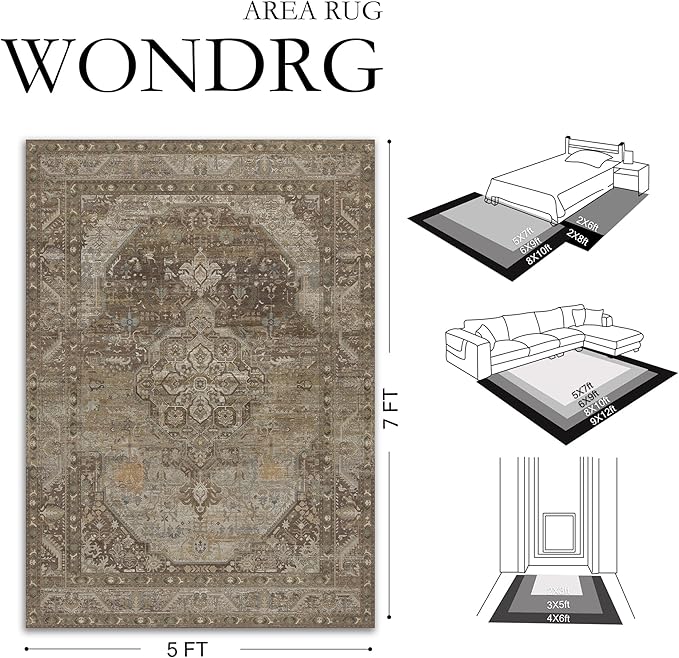 2x3 Brown Washable Vintage Area Rug for Living Room Bedroom Non Slip Distressed Traditional Soft Throw Rug Low Pile Lightweight Floral Doormat Entryway Dining Laundry Room Kitchen