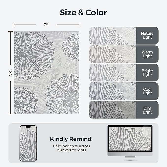 WITSHOCK 7x10 Washable Rug for Living Room,Modern Floral Distress Print Pattern Area Rugs,Stain Resistant with Non Slip Backing Carpet for Dining Room,Bedroom & Home Decor,Grey White