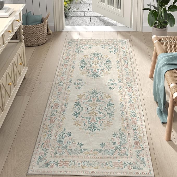 jinchan Vintage Floral Runner Rug 2x5 - Machine Washable Distressed Design Non-Slip Low-Pile Soft Thin Carpet for Hallway Kitchen Farmhouse Bedroom Entryway Laundry Room (2x5ft, Apricot Multi)
