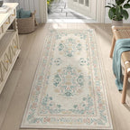 jinchan Vintage Floral Runner Rug 2x5 - Machine Washable Distressed Design Non-Slip Low-Pile Soft Thin Carpet for Hallway Kitchen Farmhouse Bedroom Entryway Laundry Room (2x5ft, Apricot Multi)