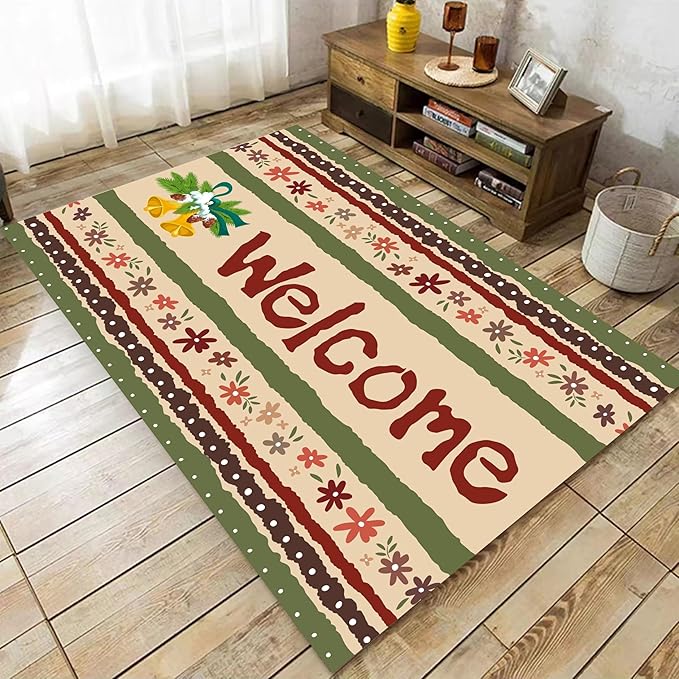 Vintage Christmas Area Rugs 5x8ft Merry Christmas Snowflakes Floral Winter Holiday Decorative Floor Mats Xmas Decorative Rugs for Living Room Bedroom Doormats Welcome Mats Non-Slip and Durable