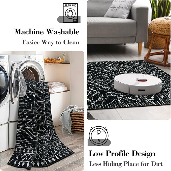 Wonnitar Washable Kitchen Runner Rug 2x6, Moroccan Black Runners for Hallway, Non Slip Bohemian Soft Bathroom Throw Mat Geometric Carpet Runner for Laundry Entryway Bedroom (Black,2'x6')