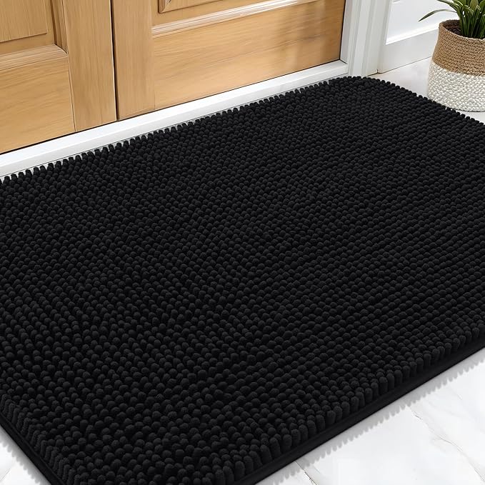 OLANLY Dog Door Mat for Muddy Paws 32x20, Absorbs Moisture and Dirt, Absorbent Non-Slip Washable Doormat, Quick Dry Chenille Mud Mat for Dogs, Entry Indoor Entryway Carpet for Inside Floor, Black