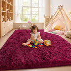 Burgundy Plush Rug for Living Room Fuzzy Carpet for Bedroom Dorm, Non-Slip High Pile Rug, Shag Rug for Playroom Nursery Home Office Decor 9X12 Ft