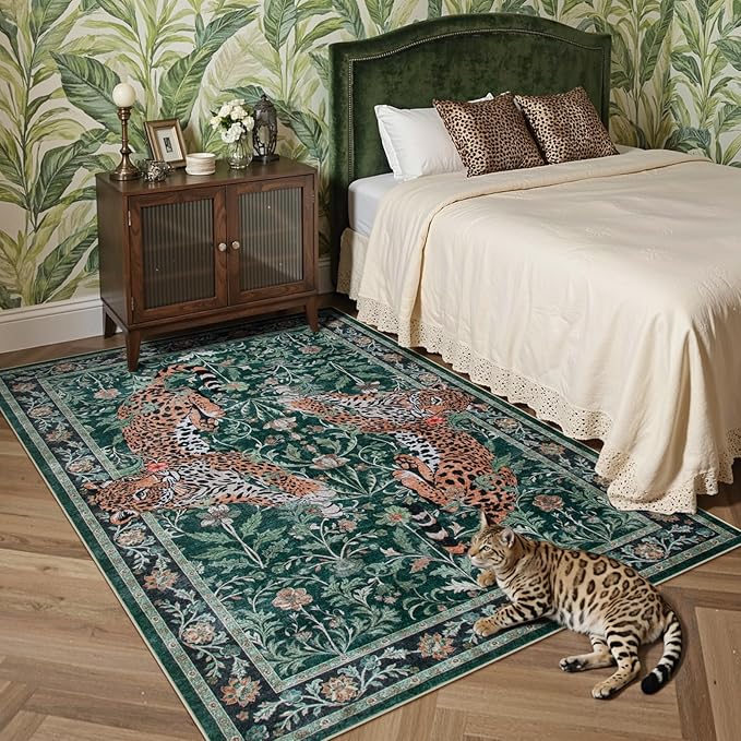Moynesa Leopard 5x7 Area Rug, Boho Washable Living Room Rug, Non Slip Rugs for Bedroom, Ultra Thin Soft Animal Print Throw Floor Carpet for Office Dining Room, Green