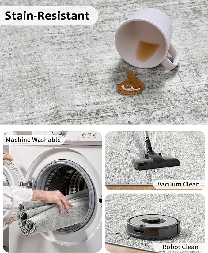 Art&Tuft Washable Rugs 6x9, Low Pile Area Rugs for Living Room - Non Slip and Stain Resistant Soft Thin 6x9 Rug for Bedroom, Dining Room, Kitchen, Office, Grey