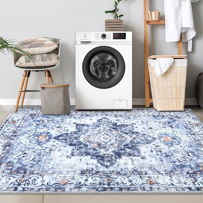 COMSLE 4x6 Rugs for Living Room Washable Area Rugs for Bedroom Faux Wool Distressed Throw Rugs Absorbent Non-Slip Floor Carpet for Indoor Kitchen Laundry Room Blue