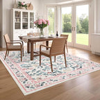 Floral Washable Rug 4x6, Non-Slip Low Pile Botanical Carpet, Vintage Farmhouse Area Rug for Bedroom Nursery Kids Room Home Decor, Pink