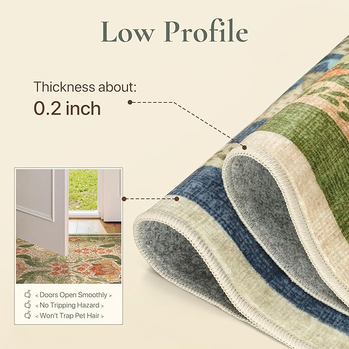 Bavni 2'6''x10 Runner Rug,Microfiber Washable Non-Slip Vintage Floral Rugs,Low Pile Lightweight Carpet for Bedroom,Hallway,Entryway,Kitchen,Bathroom, Sage Green & Burnt Orange