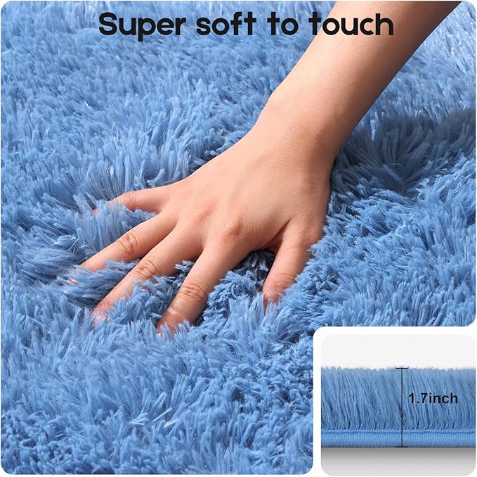 3x5 Blue Rugs for Bedroom Living Room, Fluffy Small Area Rug Soft Shag Carpet for Kids Boys and Girls Room with 4 Rugs Non-Slip Stickers Dorm Home Decor (3ft x 5ft)