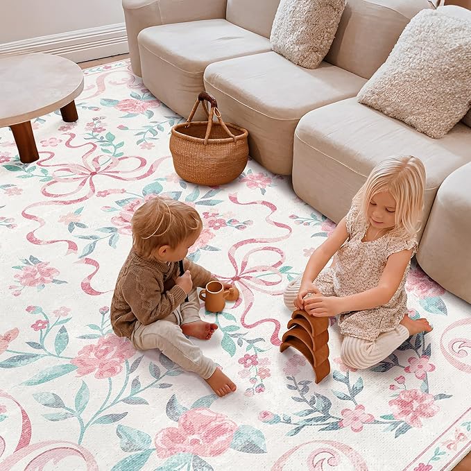 Washable Non-Slip Runner Rugs 2X6, Pink Rug Boho Farmhouse Bow Floral Area Rug for Hallway Kitchen Bedroom Beside Laundry Room Bathroom Rug, Low Pile Stain Resistant Soft Floor Carpet