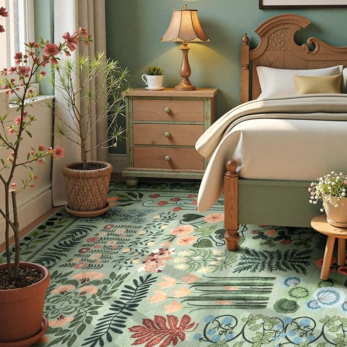 Boho Green Washable 8x10 Area Rug for Living Room, Floral Large Rugs for Bedroom Aesthetic, Non Slip Botanical Soft Indoor Throw Carpet for Dining Room Home Office Playroom (Green,8 x 10)