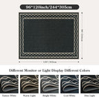 OJIA Easy Jute Washable Rugs 8x10, Large Outdoor Patio Rug Washable Living Room Rug Farmhouse Indoor Outdoor Carpet Wavy Border Modern Non-Slip Black Rugs for Bedroom Backyard Deck Decor