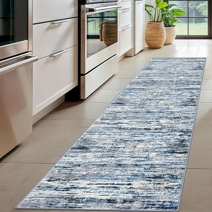 Modern Abstract Hallway Runner Rug, Grey Blue White Washable Kitchen Runner Non-Slip Soft 2x8 Runner Rug Thin Print Faux Wool Carpet for Entryway Bedroom Laundry Room Indoor Home Decor