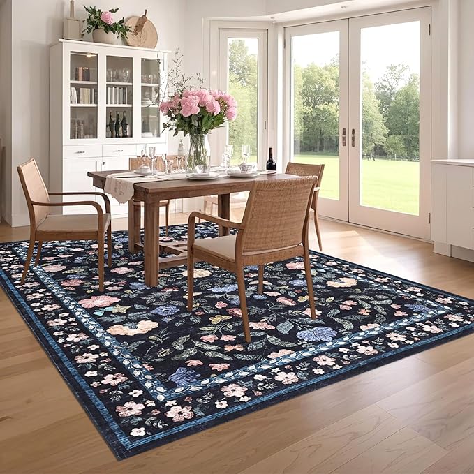Floral Washable Rug 4x6, Non-Slip Low Pile Botanical Carpet, Vintage Farmhouse Area Rug for Bedroom Nursery Kids Room Home Decor, Dark Grey Blue