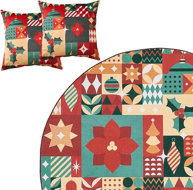 jinchan Round Christmas Rug 4ft for Entryway Washable Circle Christmas Bedroom Rug 4' Round Xmas Geometric Non-Slip Soft Carpet Festive Red-Green Holiday Patch Decor for Kitchen Living Room Porch
