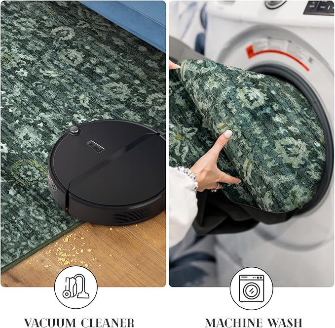 Vintage Floral 2x7 Runner Rug, Dark Green Washable Kitchen Runner Rug Non-Slip Hallway Rug Runner Boho Super Soft Thin Printed Faux Wool Carpet for Entryway Bedroom Laundry Room Indoor