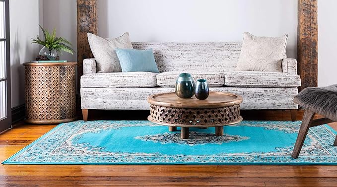 Unique Loom Reza Collection Traditional Persian Style Area Rug, 4 x 6 ft, Turquoise/Ivory