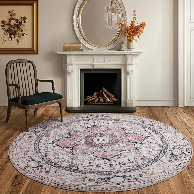 PURRUGS Vintage Farmhouse Boho Area Rug 6x6 ft, Non-Slip Machine Washable Round Rug, Accent Oriental Rug for Dining Room, Living Room, Bedroom, Entryway and Kitchen, Coral Red/Marine Blue