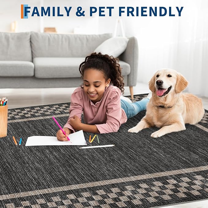 GarveeHome Runner Rug 2x6 for Kitchen Non Slip Washable Hallway Runner Rugs Modern Bordered Bathroom Throw Mat Soft Non Shedding Checkered Runners Geometric Area Rug for Bedside Living Room, Black