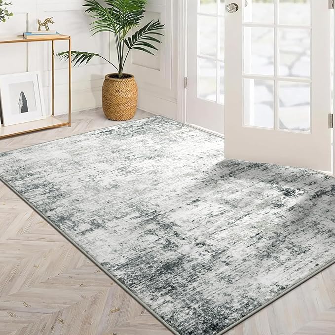 3x5 Machine Washable Area Rug for Entryway, Grey Modern Vintage Abstract Rug Non-Slip Low Pile Soft Faux Wool Small Carpet, Kids and Pets Friendly for Bedroom Kitchen Hallway Home Decor Rug