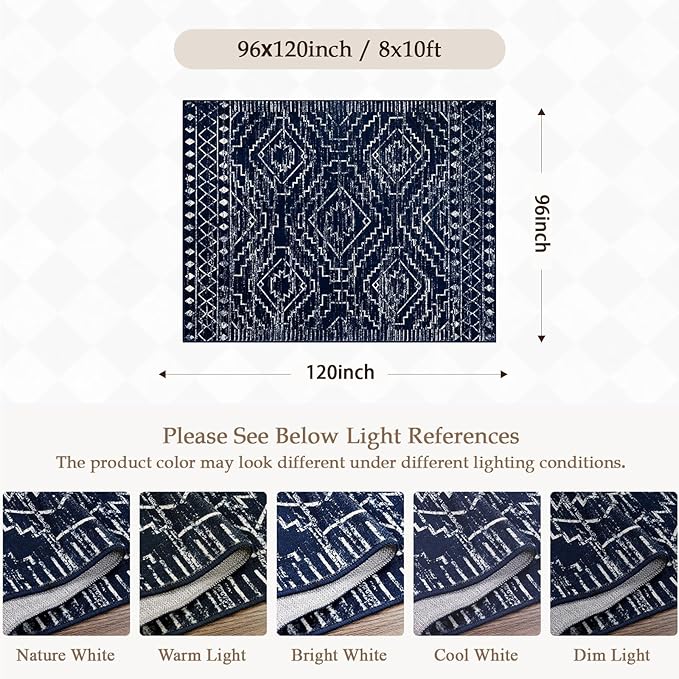 Wonnitar Moroccan 8x10 Rug Living Room Area Rugs, Washable Blue Bedroom Rug, Non-Slip Large Soft Non-Shedding Ultra-Thin Farmhouse Boho Throw Carpet for Dining Table Office Mudroom (Blue,8'x10')