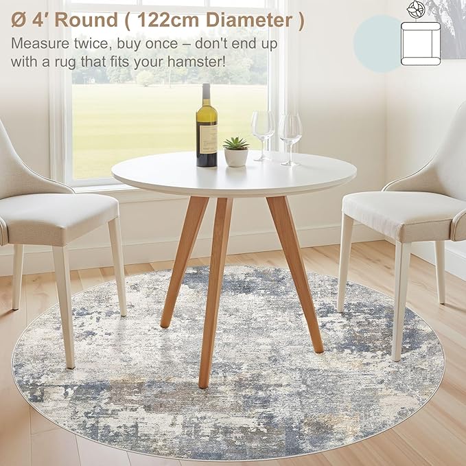 4ft Round Area Rug Living Room Rugs - 4x4 Washable Neutral Modern Abstract Soft Thin Rug Indoor Floor No Slip Rug Carpet for Bedroom Under Dining Table Home Office Decor - Blue Grey