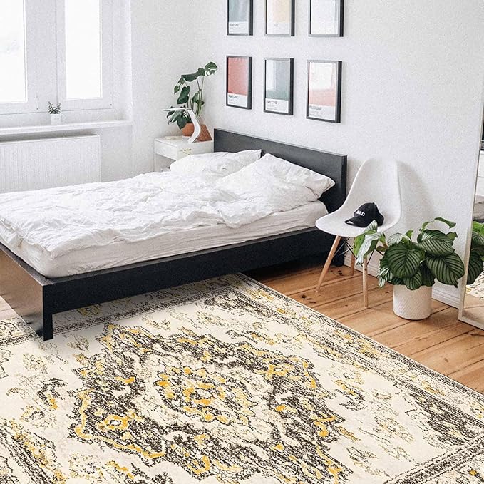 Bohemian Pattern Rectangular Area Rugs for Living Room Bedroom 2.8 x 5 ft Brown & Yellow Abstract Non-Shedding Soft Low Pile Rug Non Slip Washable Rug for Nursery Entryway Playroom