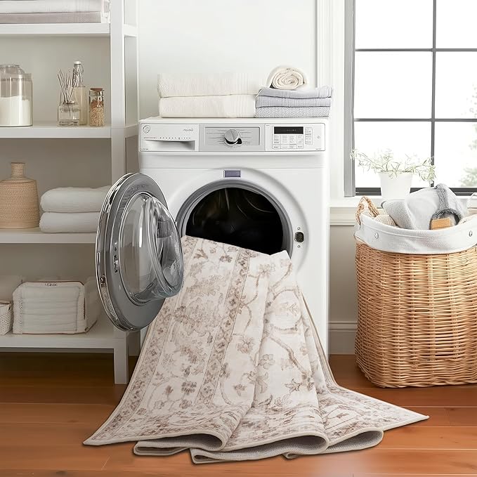 ReaLife Rugs Machine Washable Area Rug Runner - Living Room Bedroom Bathroom Kitchen Entryway Office - Padded Low Pile Stain Resistant Premium - Boho Farmhouse Vintage - BEV - Beige 2'6" x 10'