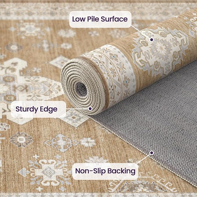 DEXI 4x6 Area Rug for Living Room, Washable Vintage Farmhouse Thin Rug Indoor Floor, Non Slip Stain Resistant Low Pile Carpet for Dining Room Bedroom Office, Light Brown
