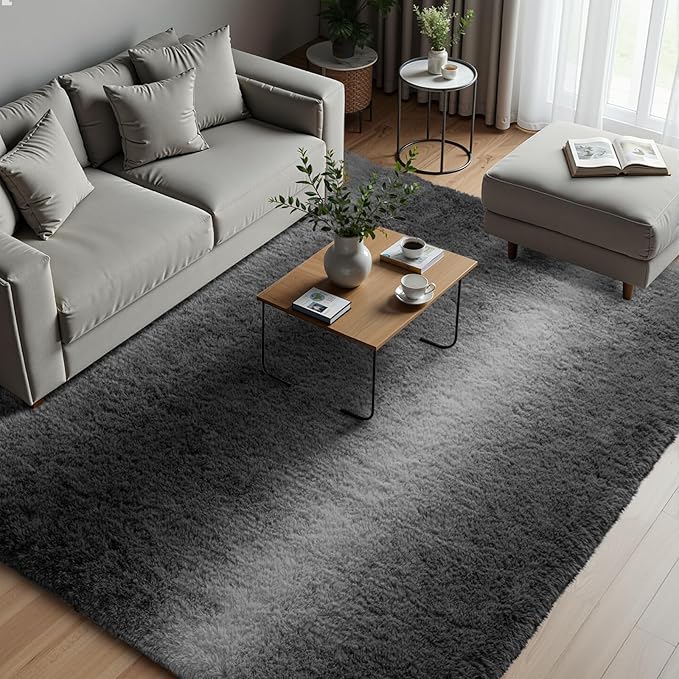 Zentavio Grey White Gradient Area Rugs for Living Room, Rugs for Bedroom 5x8 Fluffy Carpet Soft Shag Aesthetic Plush High Pile Gray Throw Rug for Nursery Kids Room Dorm