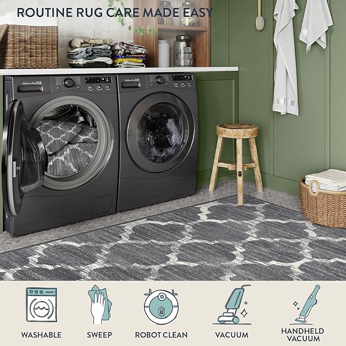 Lahome Moroccan Washable Area Rugs for Living Room - 4x6 Rug Non-Slip Lightweight Soft Bedroom Carpet Throw Low-Pile ‎Stain Resistant Entryway Rug, Grey Print Modern Rug for Office Kitchen Dining Room