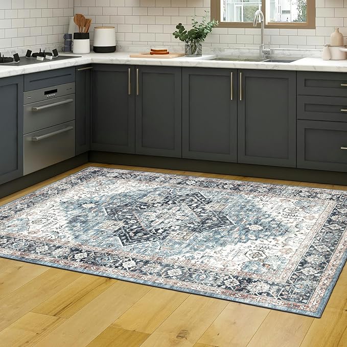 Area Rug 3×5, Vintage Boho Rug,Ultra-Soft Low Pile, Washable, Non Slip,Stain Resistant Printed Carpet for Living Room Bedrooms Playroom Office Kitchen, Blue/Navy