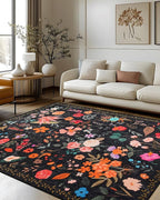 Boho Washable Area Rug 6x9 for Living Room, Bedroom, Office, Playroom, Kitchen or Dining Room, Soft Floral Carpet for Indoor Use, Easy Care Non-Slip Design (Black)