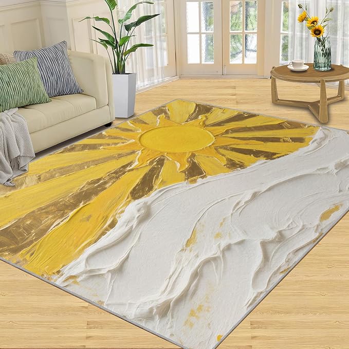 Boho Sun Area Rugs 6x8ft, Abstraction Deco Living Room Area Rug, Minimalist Sunburst Play Rug with Carpet Tape Double Sided for Bedroom Office Home Decor